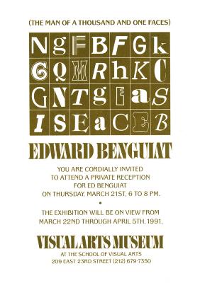 Announcements and invitations depicts: four by seven grid of different letters in various typefaces above reception and exhibition details