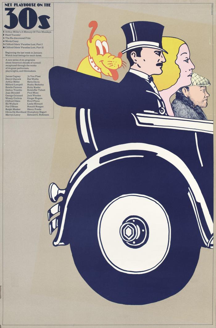 Posters depicts: 3 figures all drawn in a different cartoonish style ride in the back of a car, a cartoon dog (Disney's Pluto) rides with them 