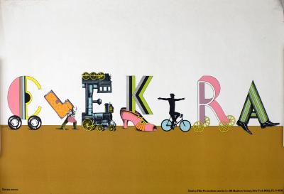 Posters depicts: The phrase "Elektra" is written out with each letter being made of a different very detailed and decorative font. Each letter has wheels, shoes, or is being carried to indicate the phrase being a procession moving from the left to the right 