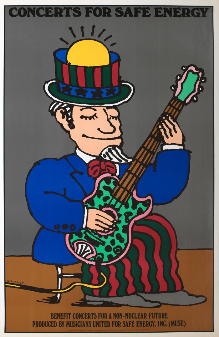 Posters depicts: Cartoon illustration of Uncle San playing the guitar, the sun rests in his hat