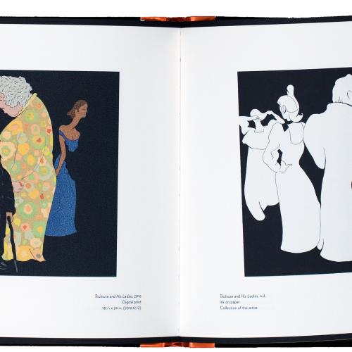 Exhibition Catalogues depicts: Two versions of the same illustration of a small man in a suit with a cane with five woman behind him. One is black and white, the other has color and pattern 