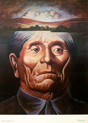 Posters depicts: Painting of a Native American man, above him is a landscape