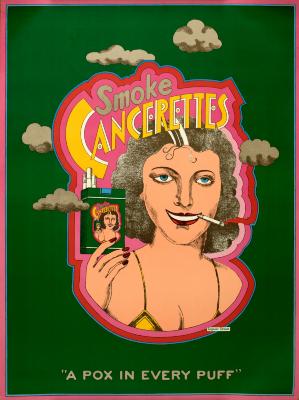 Posters depicts: Illustration of a woman smoking a cigarette and holding up a pack of cigarettes, the image on the pack is the image of her smoking and holding up the pack