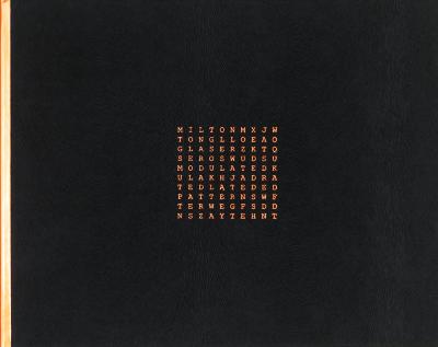 Exhibition Catalogues depicts: A grid of letters with the words "Milton Glaser: Modulated Patterns" hidden in like a crossword 