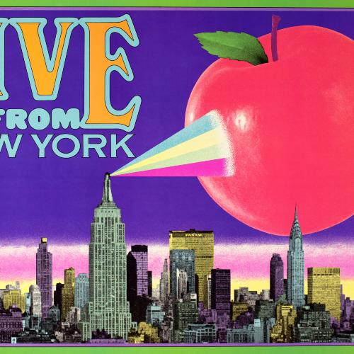 Posters depicts: A gigantic apple floats above the NYC skyline, a multicolor spotlight shines out of one of the buildings onto the apple