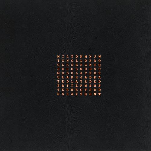 Exhibition Catalogues depicts: A grid of letters with the words "Milton Glaser: Modulated Patterns" hidden in like a crossword 