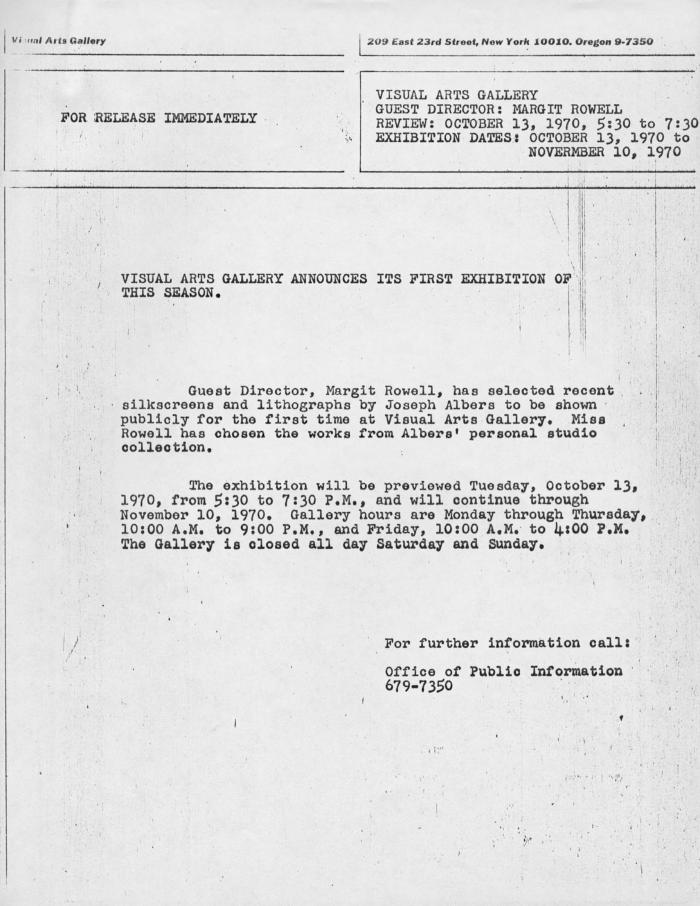 Press Releases depicts: Typewritten description of exhibition