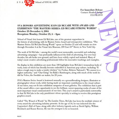 Press Releases depicts: Typewritten document describing exhibition