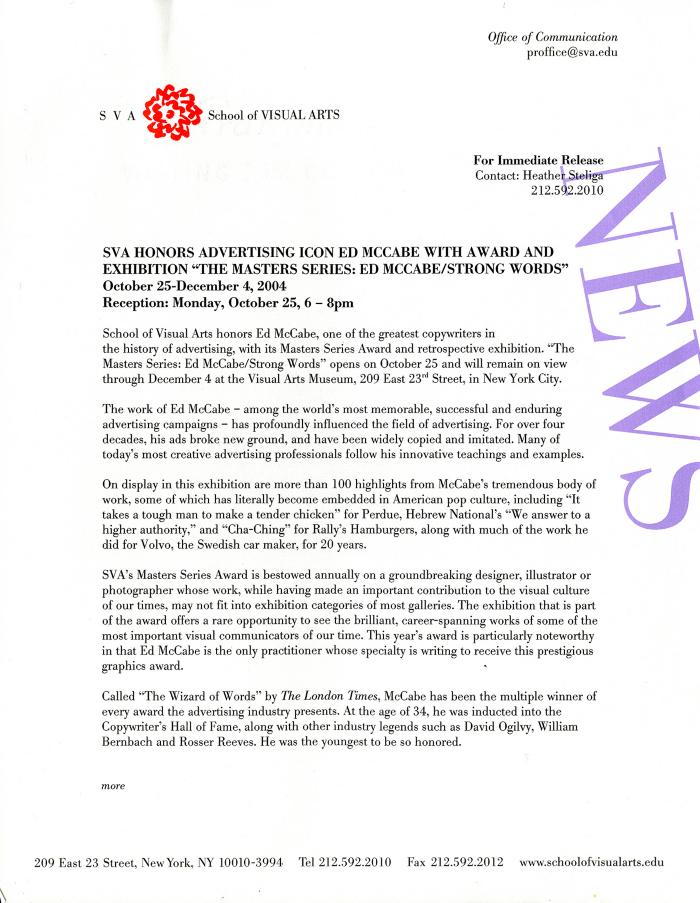 Press Releases depicts: Typewritten document describing exhibition