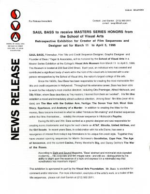 Press Releases depicts: typed press release on School of Visual Arts letterhead