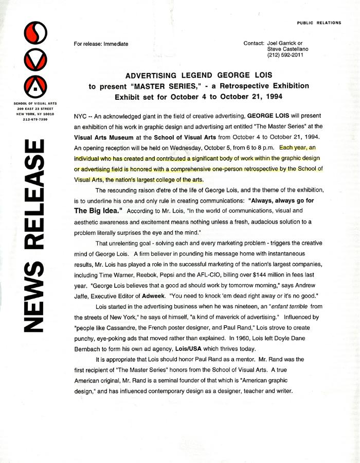 Prints depicts: typed press release on School of Visual Arts letterhead