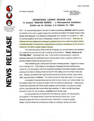 Prints depicts: typed press release on School of Visual Arts letterhead