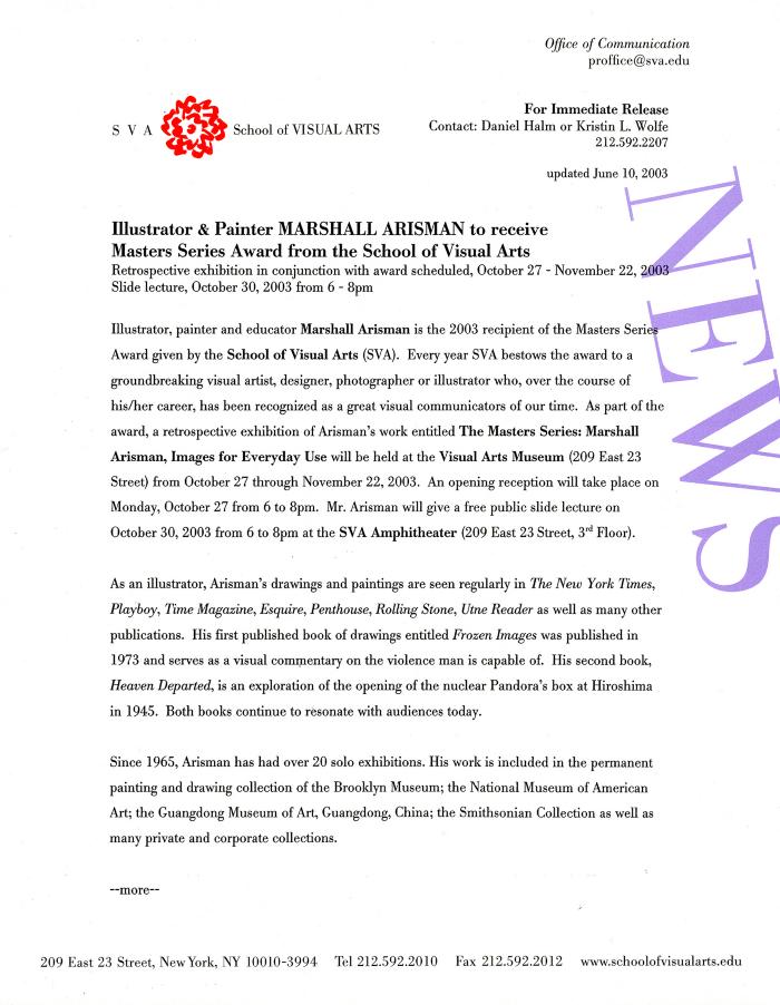 Press Releases depicts: typed press release describing exhibition