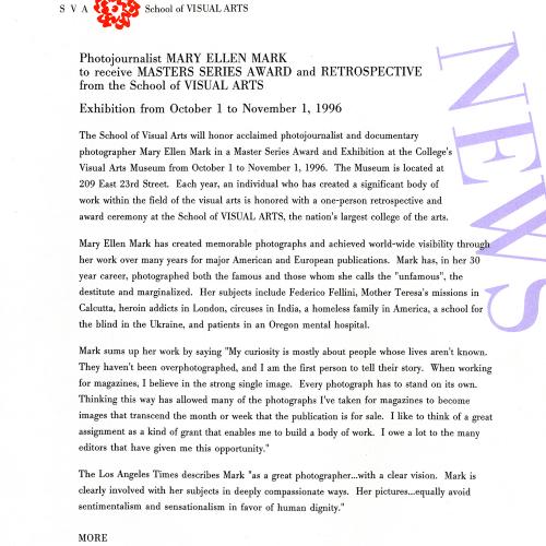 Press Releases depicts: typed press release on School of Visual Arts letterhead