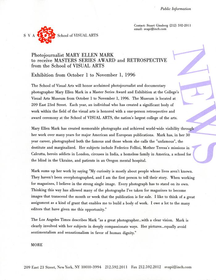 Press Releases depicts: typed press release on School of Visual Arts letterhead
