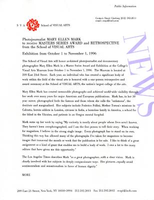 Press Releases depicts: typed press release on School of Visual Arts letterhead