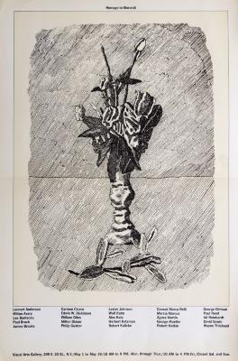 Posters depicts: cross-hatch drawing of flowers in a vase, with some falled flowers, with list of participating artists beneath