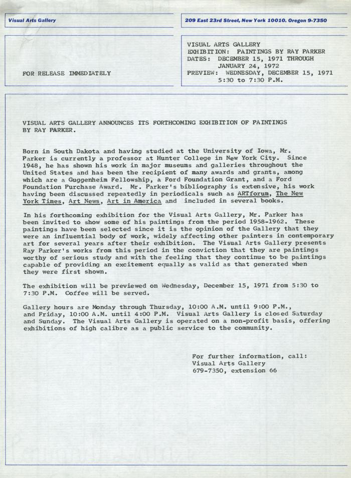 Press Releases depicts: Typewritten description of exhibition