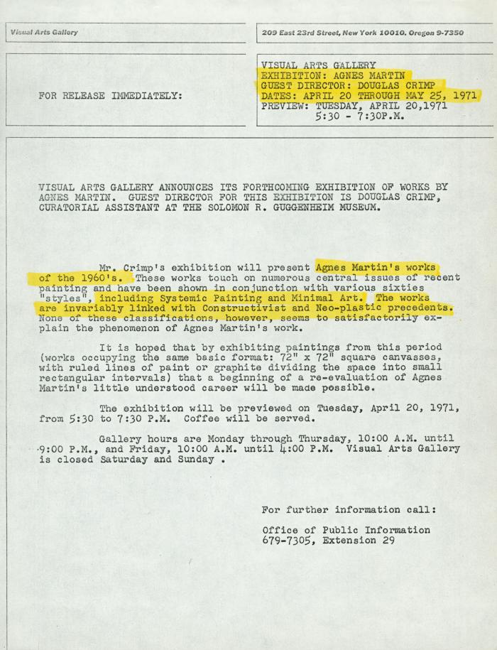 Press Releases depicts: Typewritten description of exhibition