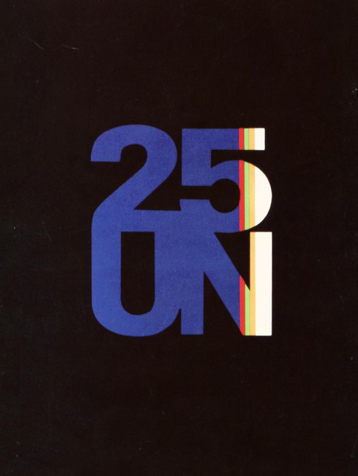 Booklet/Brochure depicts: "25 UN" is written in blue text on a black background, stripes of color run up the right side of the text