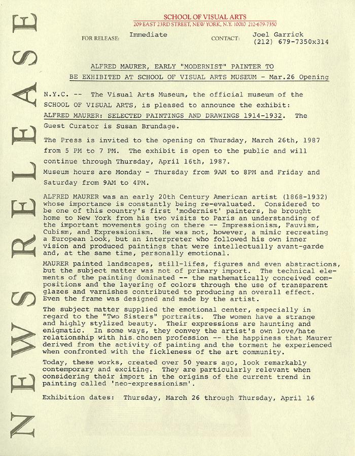 Press Releases depicts: Typewritten document describing exhibition