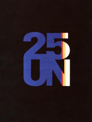 Booklet/Brochure depicts: "25 UN" is written in blue text on a black background, stripes of color run up the right side of the text