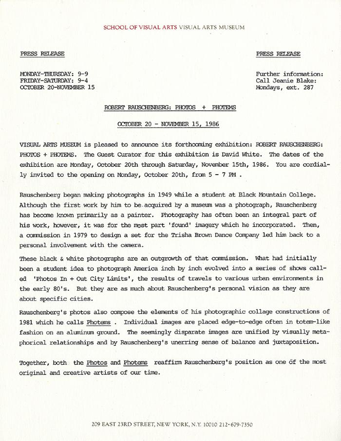 Press Releases depicts: Typewritten document describing exhibition