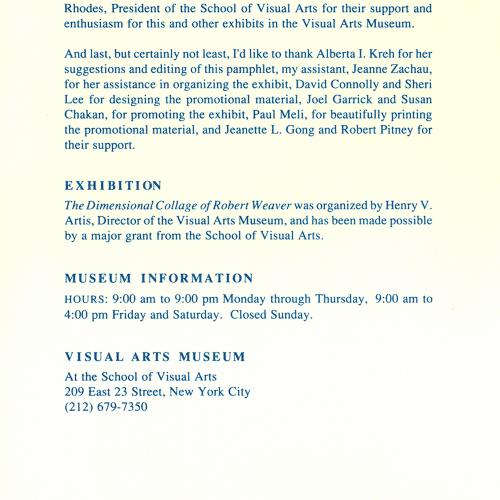 Booklet/Brochure depicts: Exhibition brochure describing Robert Weaver's collage