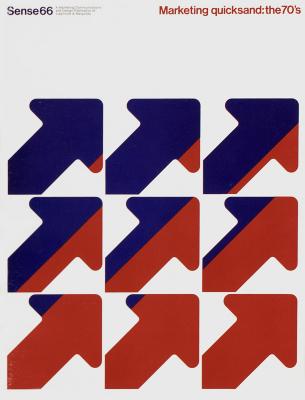 Booklet/Brochure depicts: 9 arrows set in a 3x3 grid, the top left arrow is blue, the bottom right is red, from left to right, top to bottom, they change gradually from blue to red