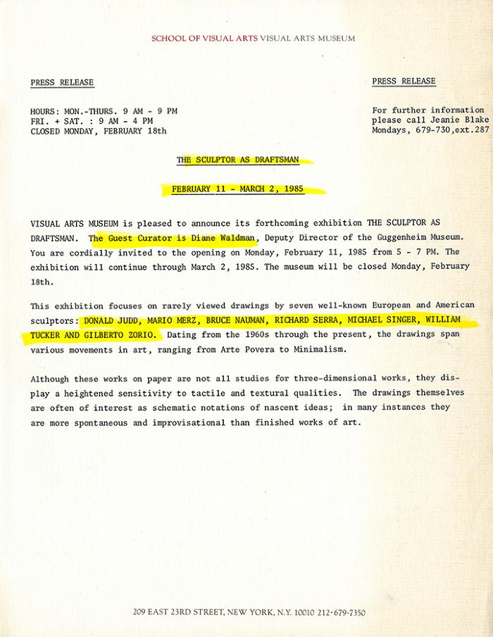 Press Releases depicts: Typewritten document describing exhibition