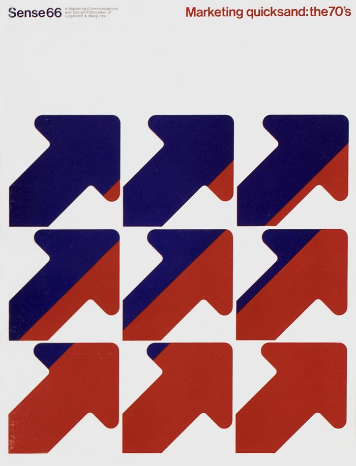 Booklet/Brochure depicts: 9 arrows set in a 3x3 grid, the top left arrow is blue, the bottom right is red, from left to right, top to bottom, they change gradually from blue to red