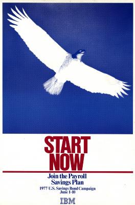 Posters depicts: White bird flying on a blue background, below is the phrase "Start Now" in red ink