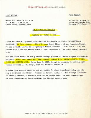 Press Releases depicts: Typewritten document describing exhibition