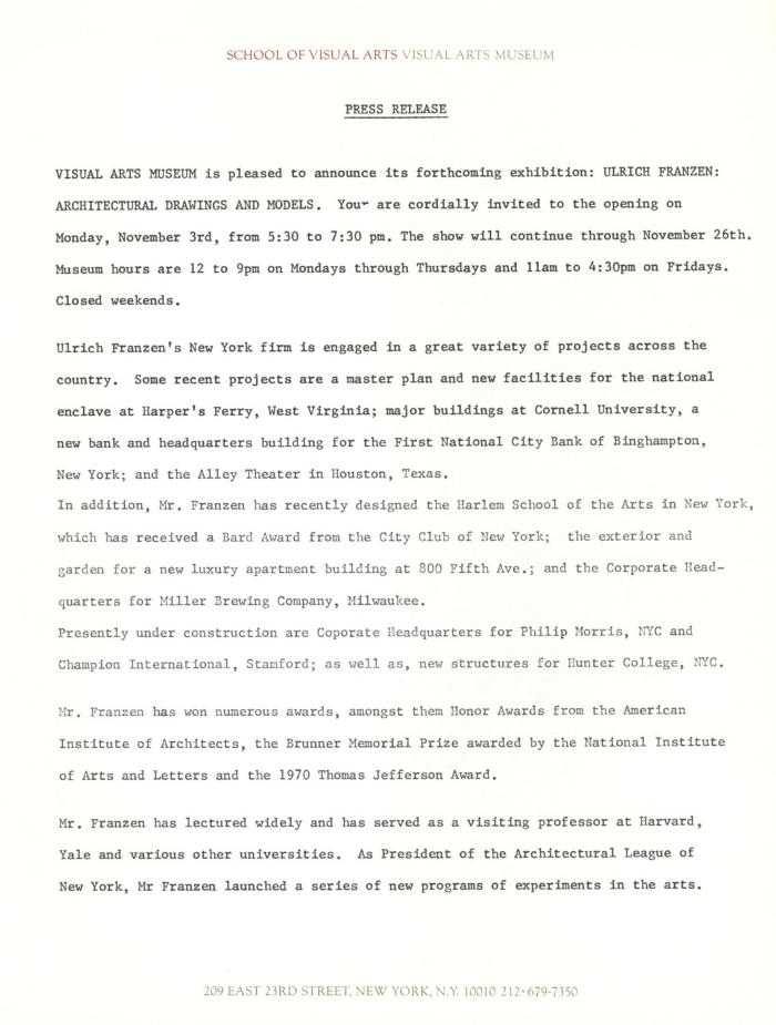 Press Releases depicts: Typewritten description of exhibition