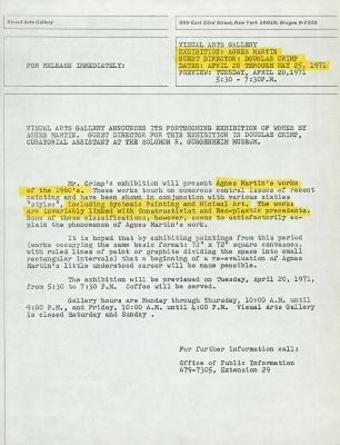Press Releases depicts: Typewritten description of exhibition