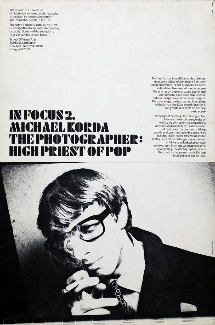 Posters depicts: black and white photo of Michael Korda wearing glasses and smoking a cigarette