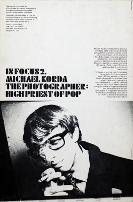 Posters depicts: black and white photo of Michael Korda wearing glasses and smoking a cigarette