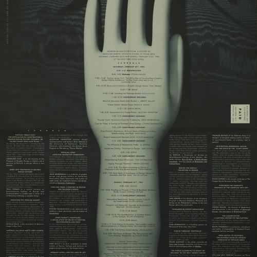 Posters depicts: Grayish white arm sculpture resting on a black fabric background, text is all over the image 