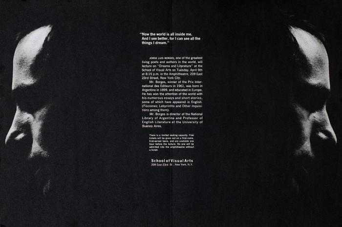 Posters depicts: two black-and-white profiles of Borges facing away, flanking event information