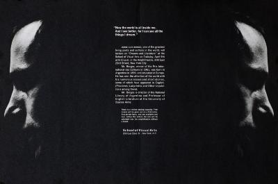 Posters depicts: two black-and-white profiles of Borges facing away, flanking event information