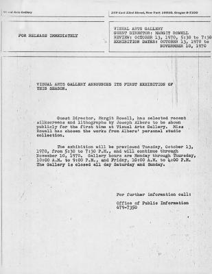Press Releases depicts: Typewritten description of exhibition