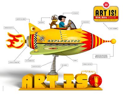 Posters depicts: Rocket toy with toy girl and dog as pilots. Rocket surrounded by text labels related to an artistic life and old school rockets.