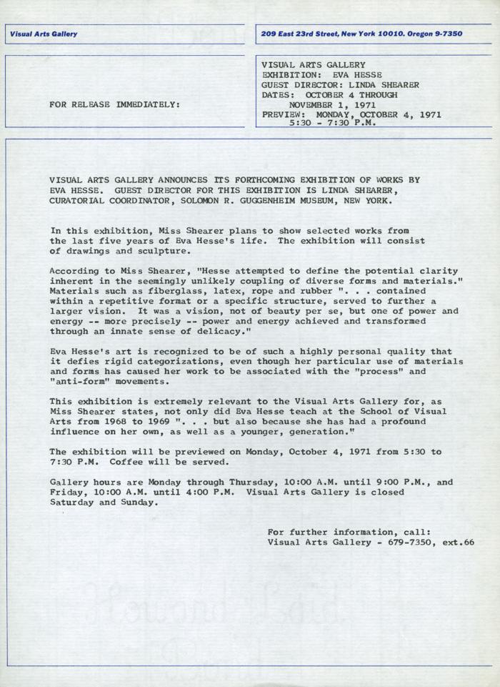 Press Releases depicts: Typewritten description of exhibition