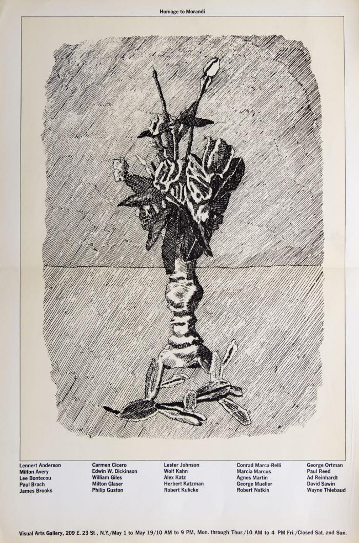Posters depicts: cross-hatch drawing of flowers in a vase, with some falled flowers, with list of participating artists beneath