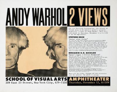 Posters depicts: full frontal portrait of warhol, left side of face on the right and right side of face on left, with title and event information