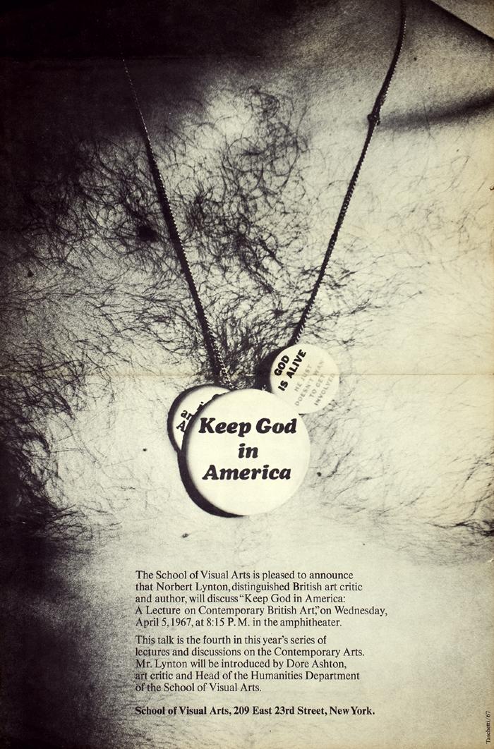 Posters depicts: Man's hairy chest with a pendant reading "keep God in America"