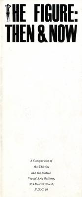Booklet/Brochure depicts: Title of exhibition in black all-cap type on white background; the T is a small nude figure from behind