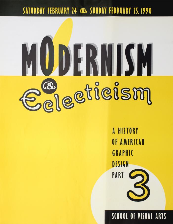 Posters depicts: "Modernism & Eclecticism" written in an interesting font on a white and yellow background, the number 3 is in the bottom right corner inside a white circle 