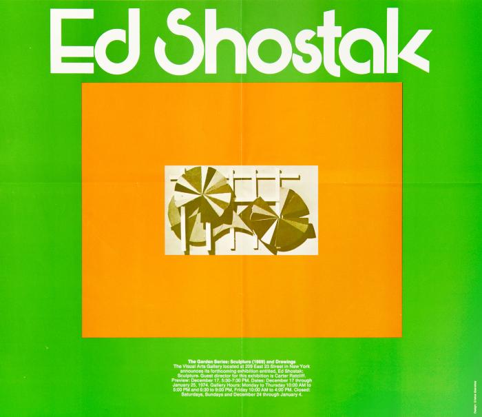 Posters depicts: Orange rectangle on green background, with pinwheel shapes on trellis in the center