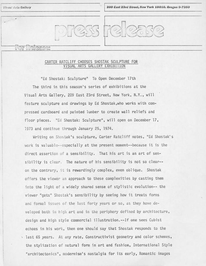 Press Releases depicts: Typewritten description of exhibition